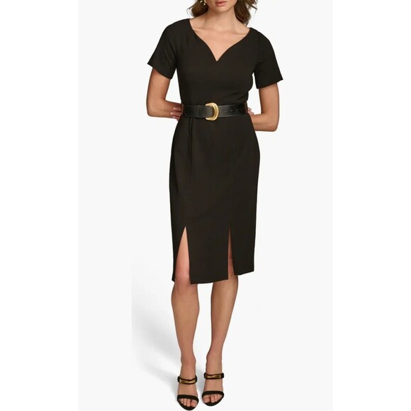 Donna Karan Dresses & Skirts - Donna Karan Black Belted V-Neck Double Slit Sheath Dress Size 16 NWT NEW